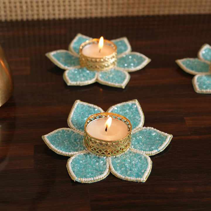 Lotus Bloom Tealight Glitter Edition Candle Holder | Candle Stand Set of 4 – Aqua