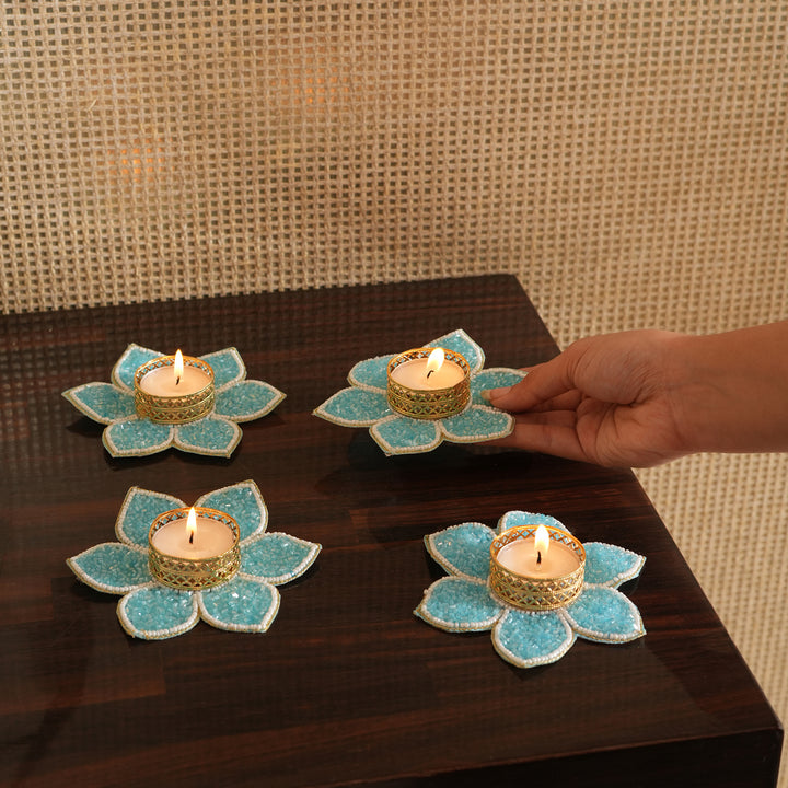 Lotus Bloom Tealight Glitter Edition Candle Holder | Candle Stand Set of 4 – Aqua