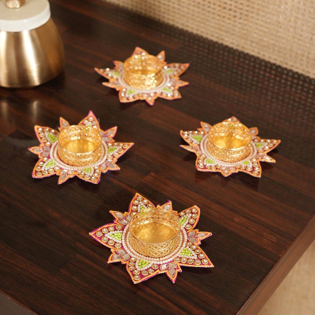 Flower Pattern T-Light Candle Stand | Candle Holder For Diwali Decoration Set of 4 - Pink