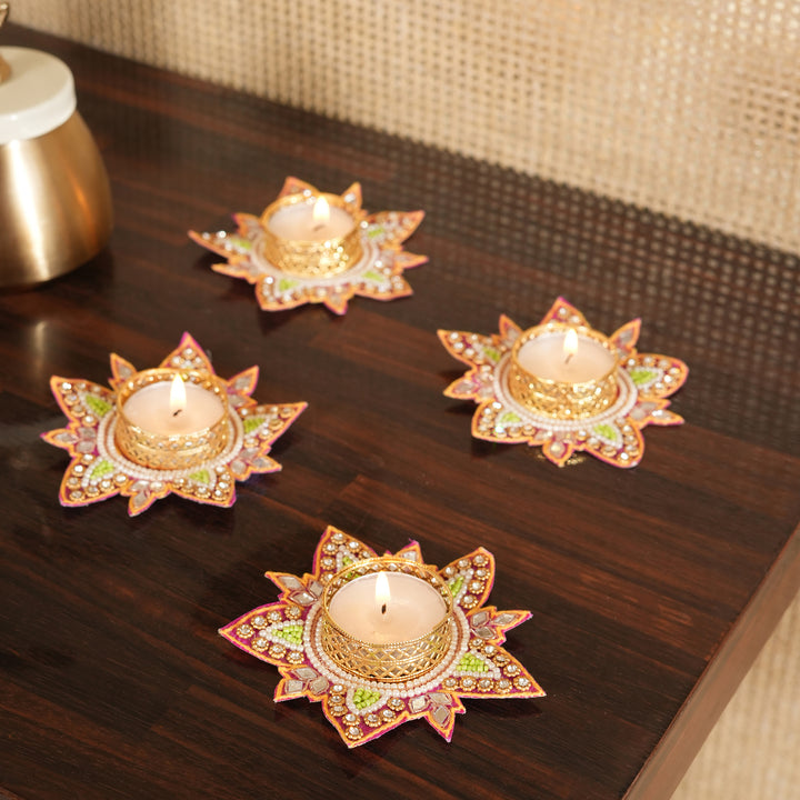 Flower Pattern T-Light Candle Stand | Candle Holder For Diwali Decoration Set of 4 - Pink