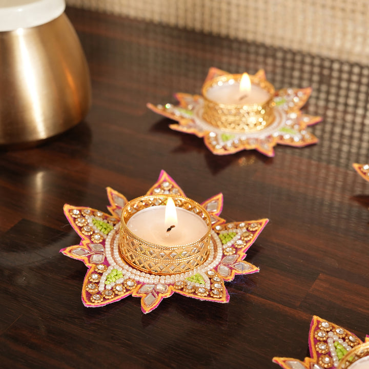 Flower Pattern T-Light Candle Stand | Candle Holder For Diwali Decoration Set of 4 - Pink