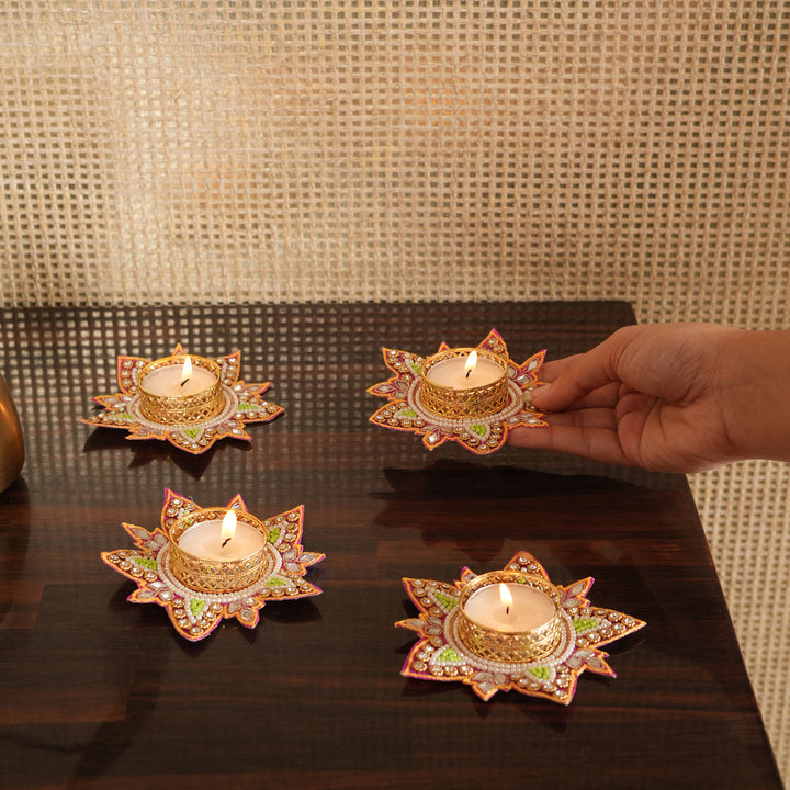 Flower Pattern T-Light Candle Stand | Candle Holder For Diwali Decoration Set of 4 - Pink