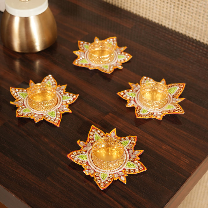 Flower Pattern T-Light Candle Stand | Candle Holder For Diwali Decoration Set of 4 - Red