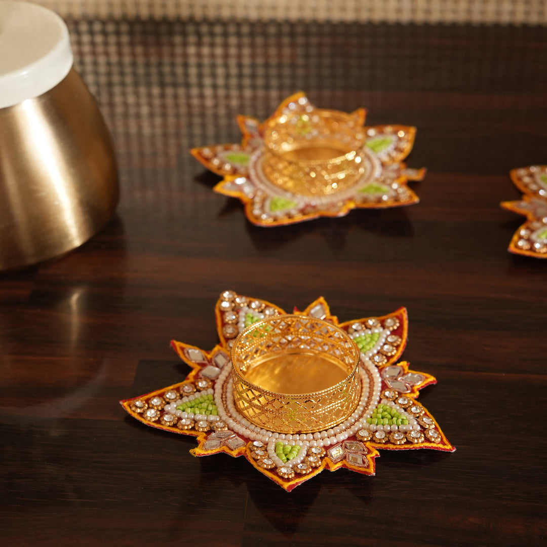 Flower Pattern T-Light Candle Stand | Candle Holder For Diwali Decoration Set of 4 - Red