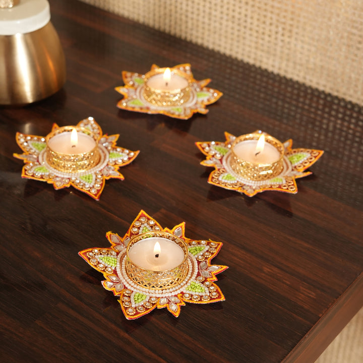 Flower Pattern T-Light Candle Stand | Candle Holder For Diwali Decoration Set of 4 - Red