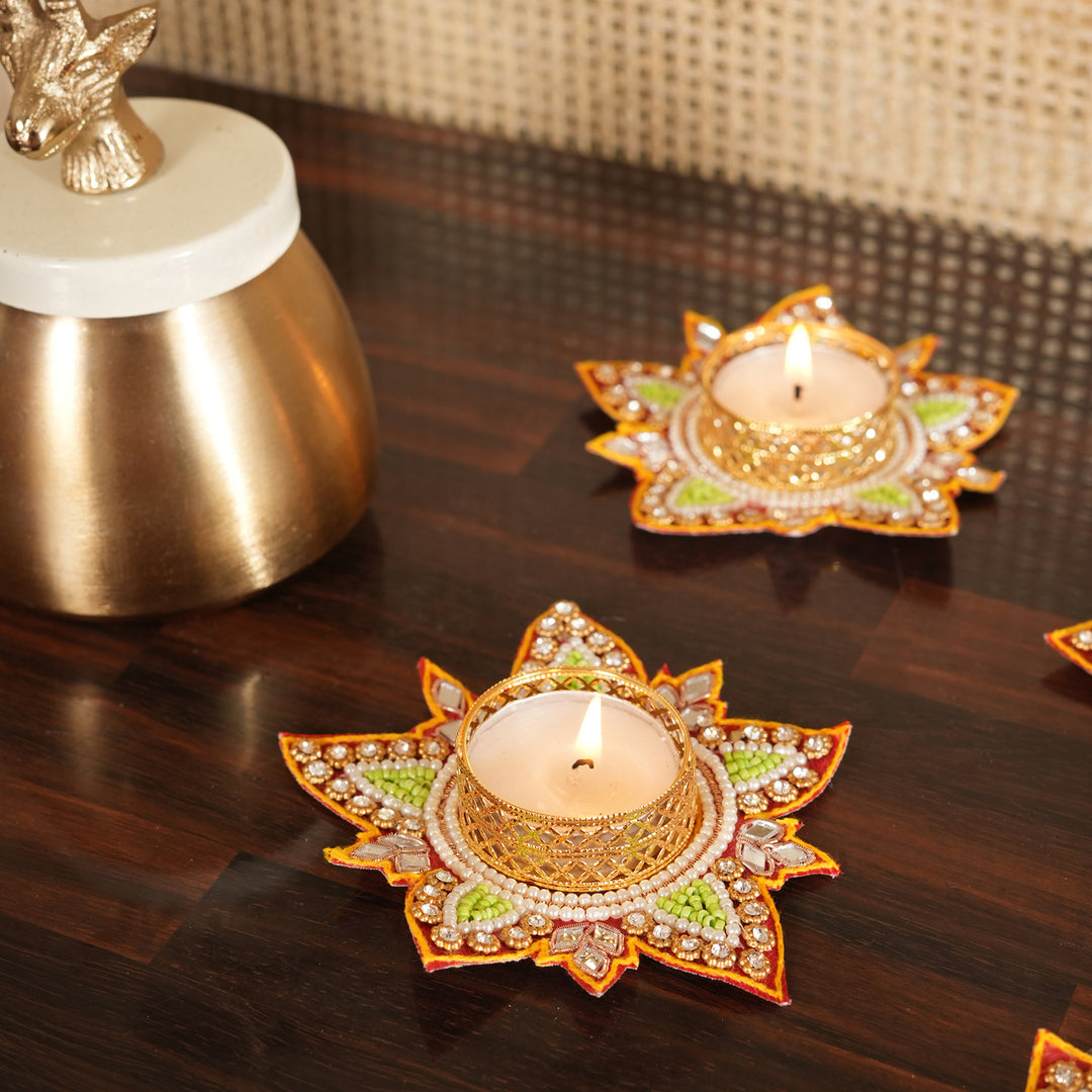 Flower Pattern T-Light Candle Stand | Candle Holder For Diwali Decoration Set of 4 - Red