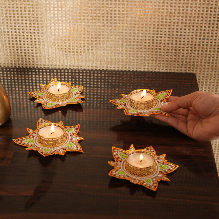 Flower Pattern T-Light Candle Stand | Candle Holder For Diwali Decoration Set of 4 - Red