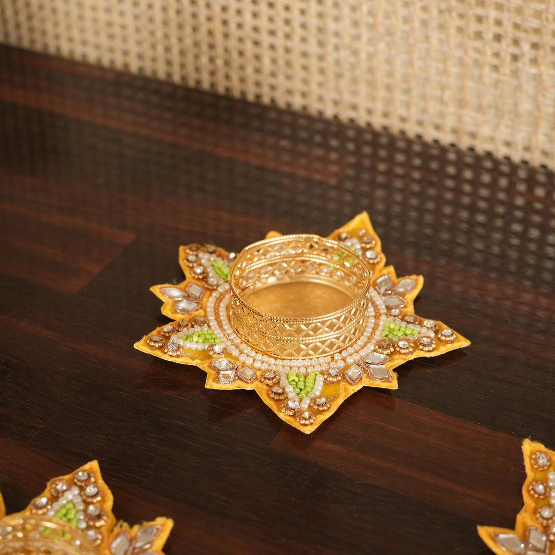 Flower Pattern T-Light Candle Stand | Candle Holder For Diwali Decoration Set of 4 - Yellow