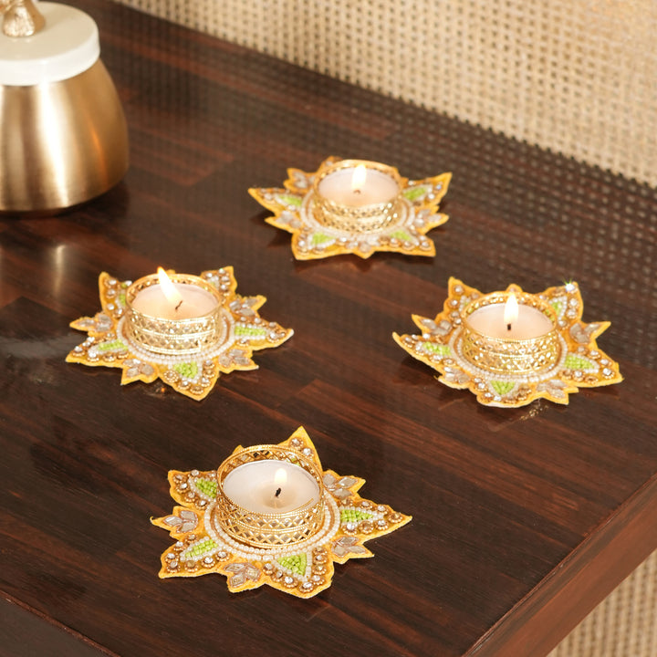 Flower Pattern T-Light Candle Stand | Candle Holder For Diwali Decoration Set of 4 - Yellow