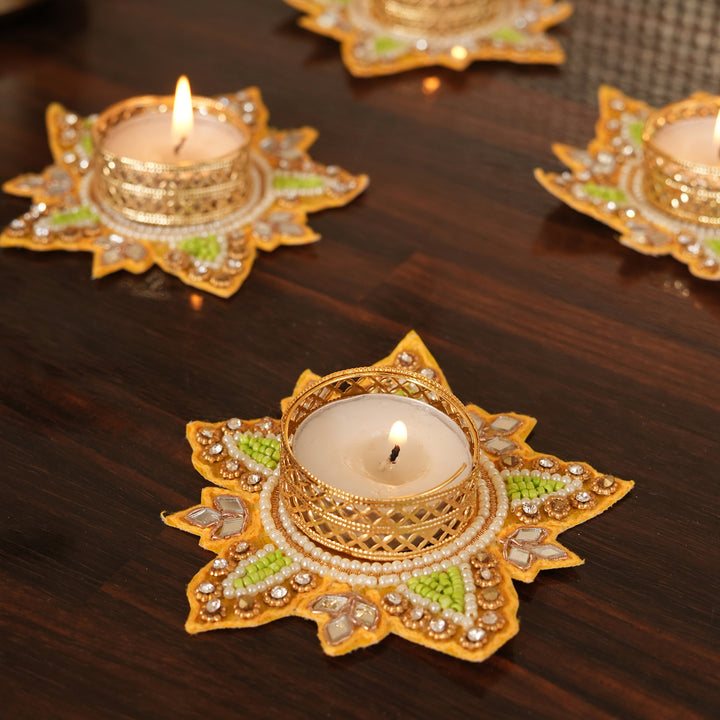 Flower Pattern T-Light Candle Stand | Candle Holder For Diwali Decoration Set of 4 - Yellow