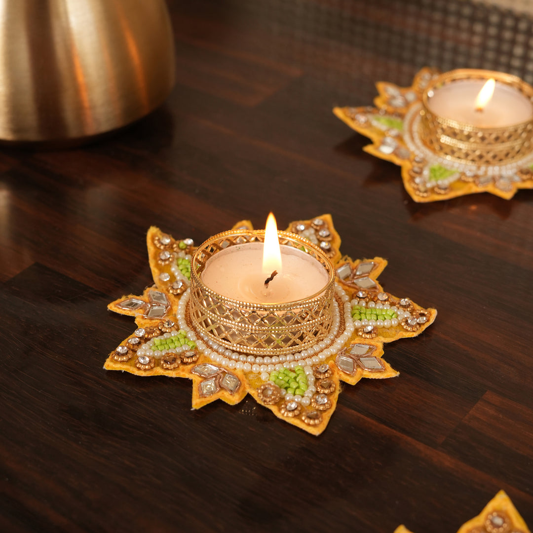 Flower Pattern T-Light Candle Stand | Candle Holder For Diwali Decoration Set of 4 - Yellow