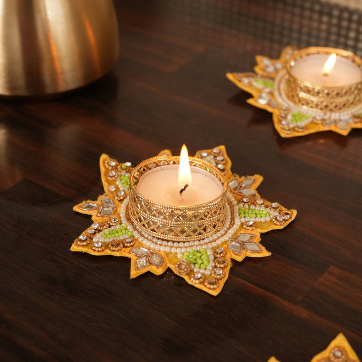Flower Pattern T-Light Candle Stand | Candle Holder For Diwali Decoration Set of 4 - Yellow