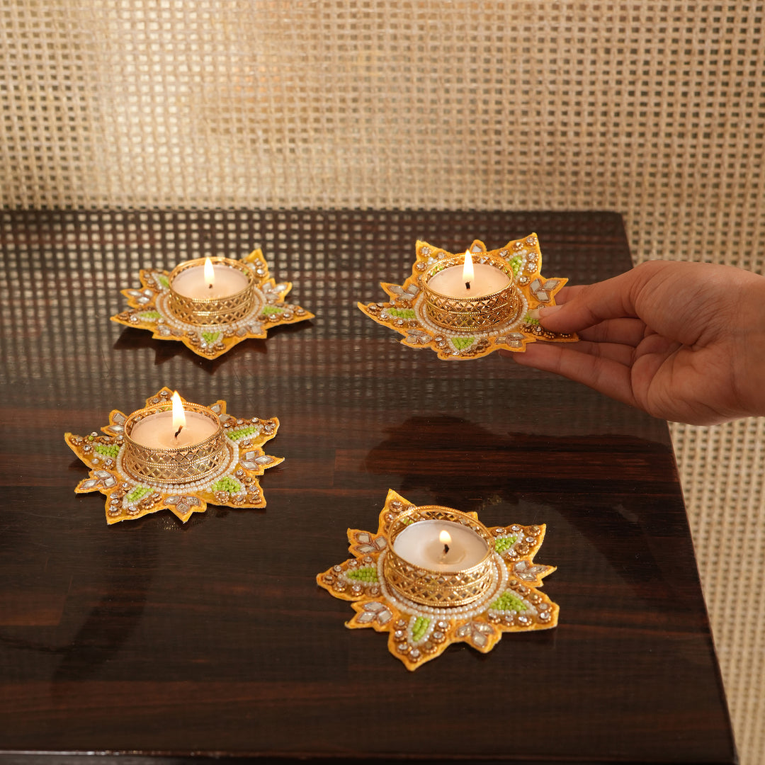 Flower Pattern T-Light Candle Stand | Candle Holder For Diwali Decoration Set of 4 - Yellow