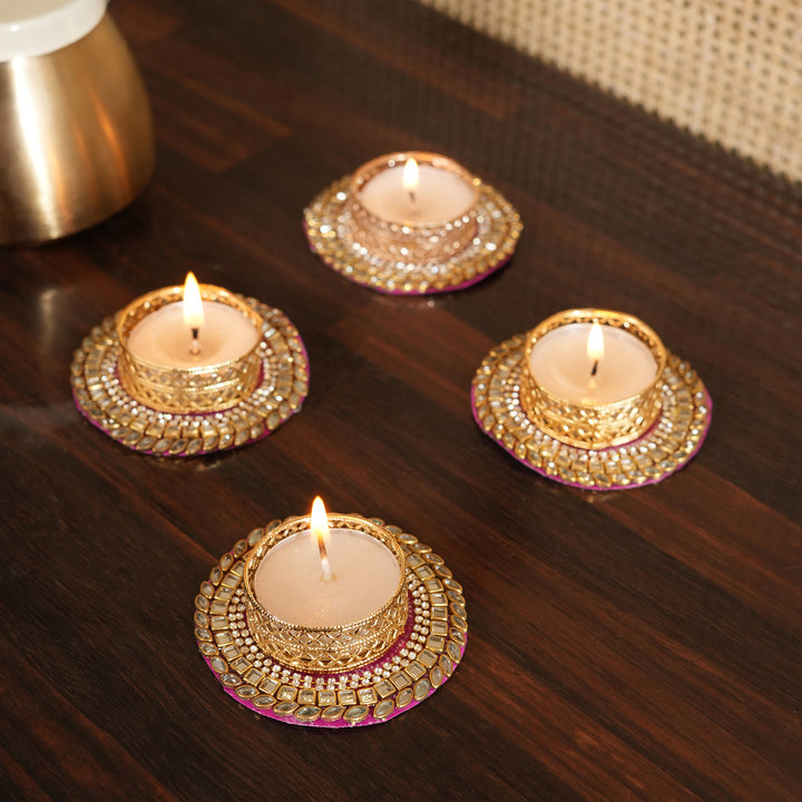 Votive T-Light Candle Stand | Candle Holder For Diwali Decoration Set of 4 - Pink