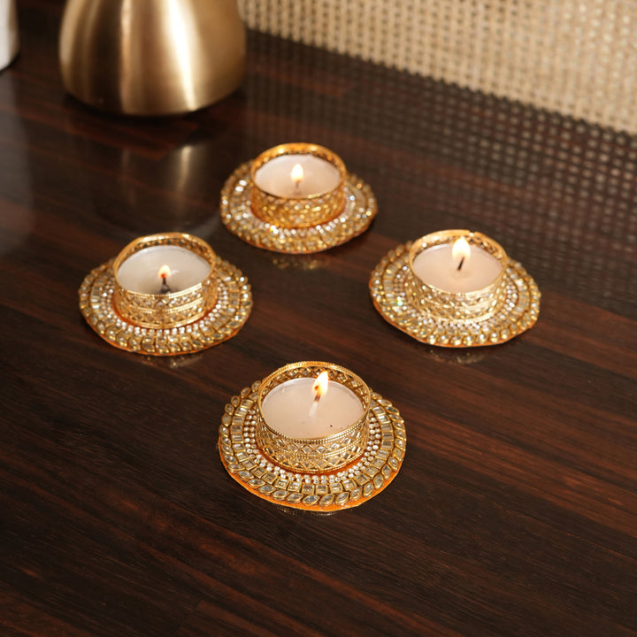 Votive T-Light Candle Stand | Candle Holder For Diwali Decoration Set of 4 - Orange
