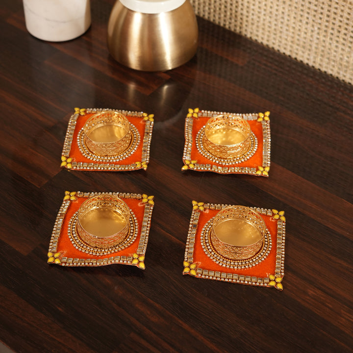 Traditional T-Light Candle Stand | Candle Holder For Diwali Decoration Set of 4 - Orange