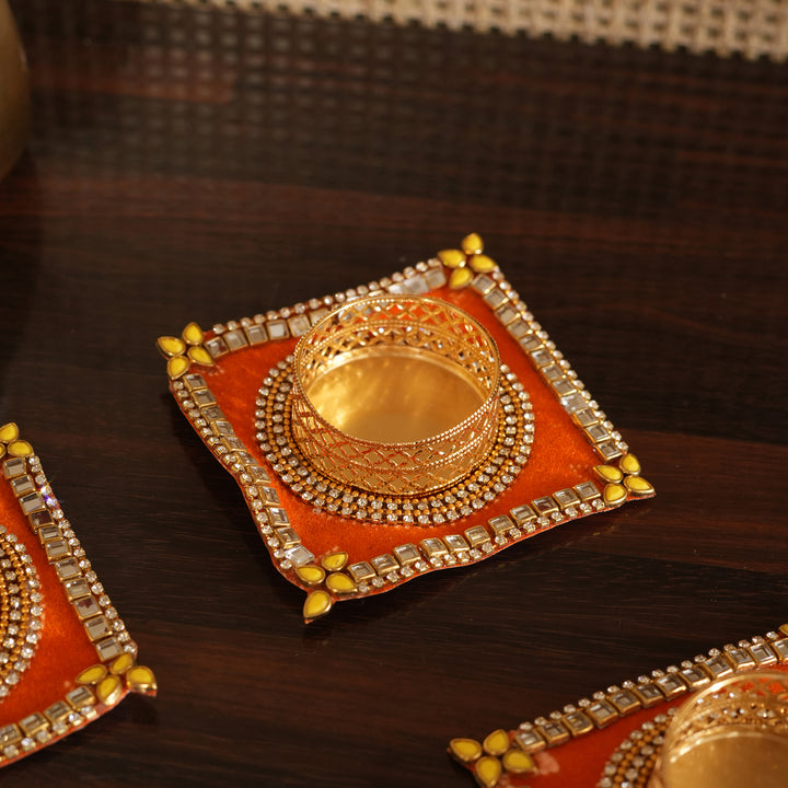 Traditional T-Light Candle Stand | Candle Holder For Diwali Decoration Set of 4 - Orange