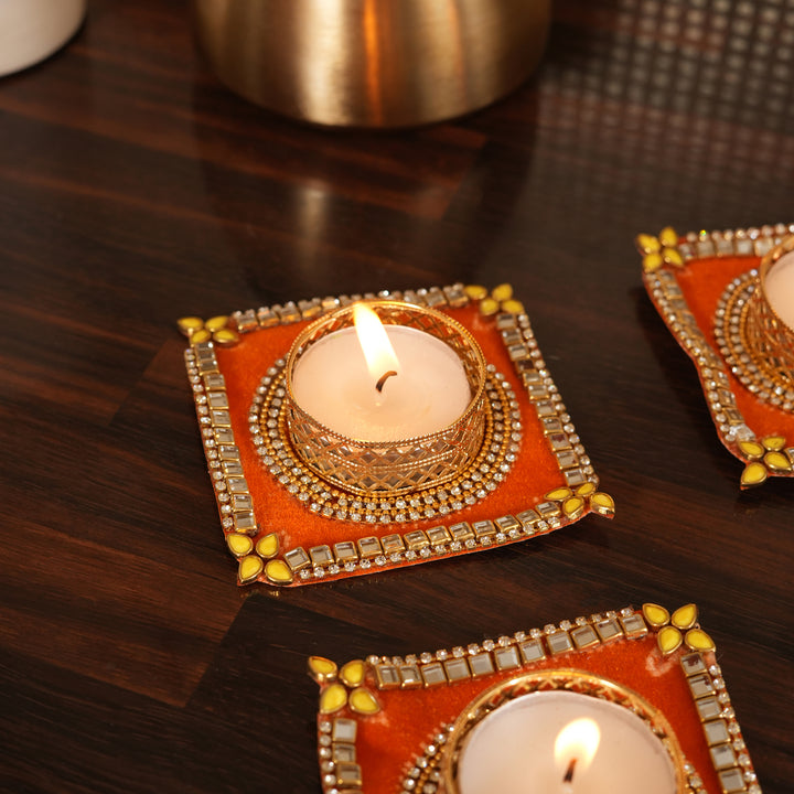 Traditional T-Light Candle Stand | Candle Holder For Diwali Decoration Set of 4 - Orange