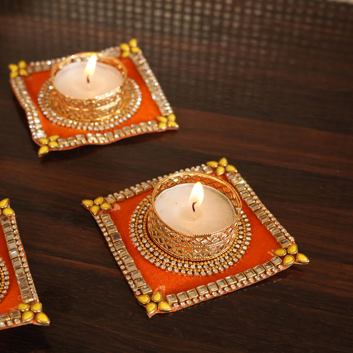 Traditional T-Light Candle Stand | Candle Holder For Diwali Decoration Set of 4 - Orange
