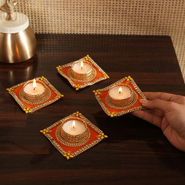 Traditional T-Light Candle Stand | Candle Holder For Diwali Decoration Set of 4 - Orange