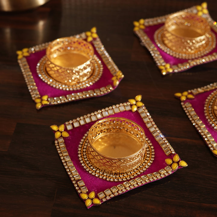 Traditional T-Light Candle Stand | Candle Holder For Diwali Decoration Set of 4 - Pink