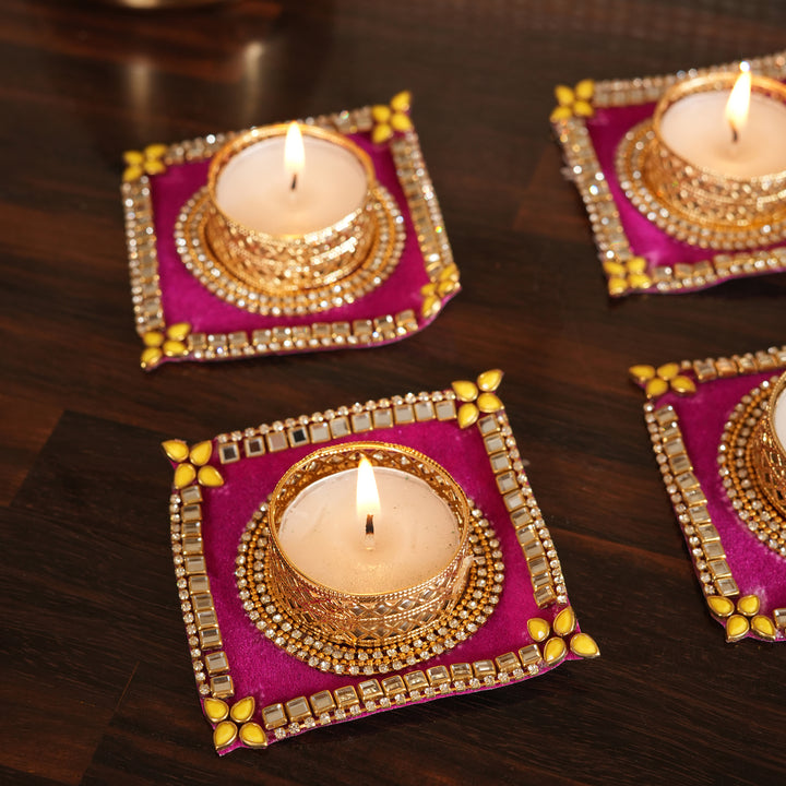 Traditional T-Light Candle Stand | Candle Holder For Diwali Decoration Set of 4 - Pink