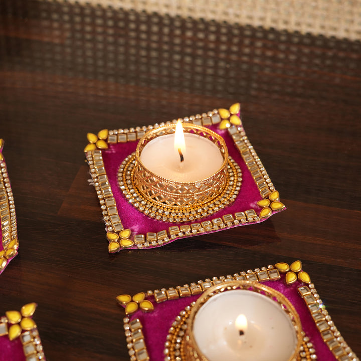 Traditional T-Light Candle Stand | Candle Holder For Diwali Decoration Set of 4 - Pink
