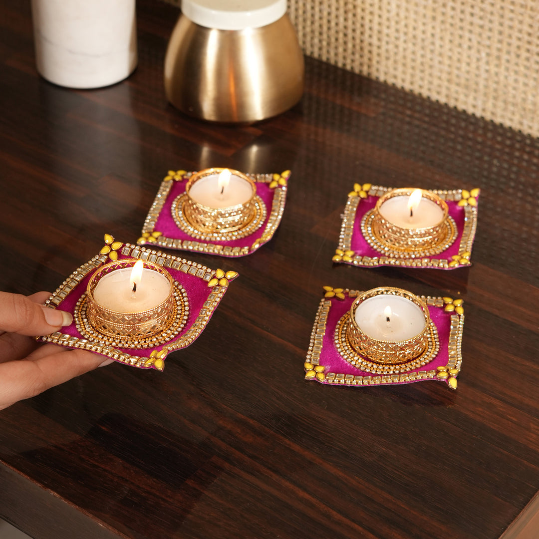 Traditional T-Light Candle Stand | Candle Holder For Diwali Decoration Set of 4 - Pink