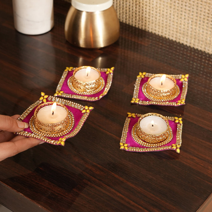 Traditional T-Light Candle Stand | Candle Holder For Diwali Decoration Set of 4 - Pink