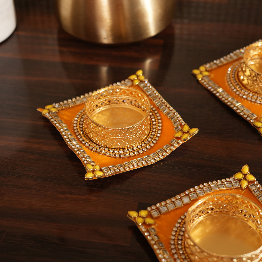 Traditional T-Light Candle Stand | Candle Holder For Diwali Decoration Set of 4 - Yellow