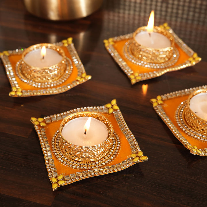 Traditional T-Light Candle Stand | Candle Holder For Diwali Decoration Set of 4 - Yellow