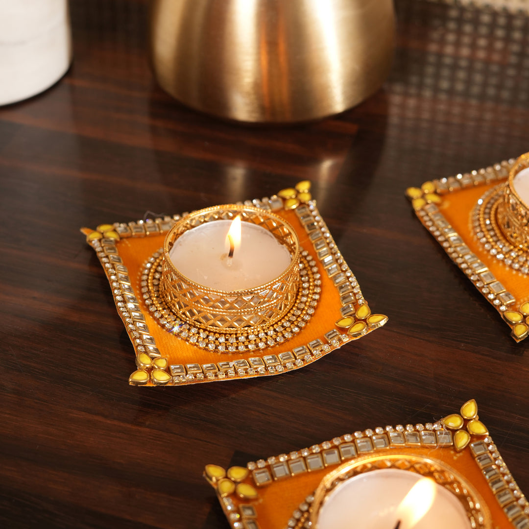 Traditional T-Light Candle Stand | Candle Holder For Diwali Decoration Set of 4 - Yellow