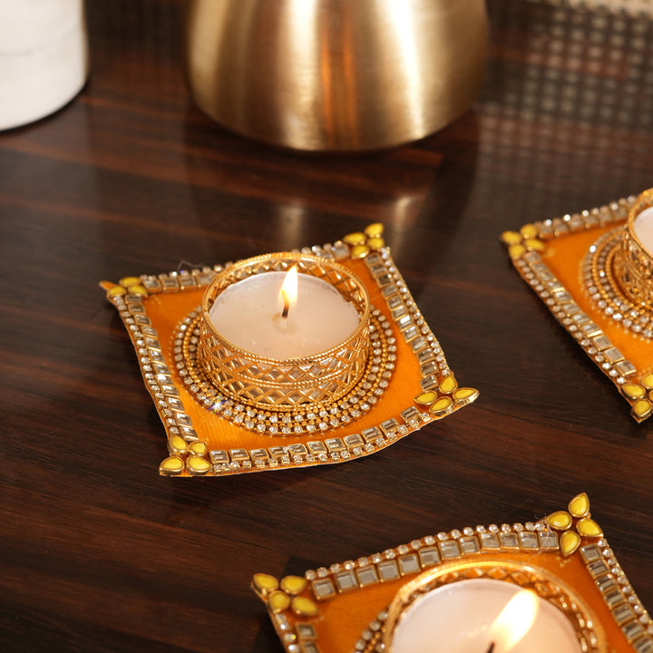 Traditional T-Light Candle Stand | Candle Holder For Diwali Decoration Set of 4 - Yellow