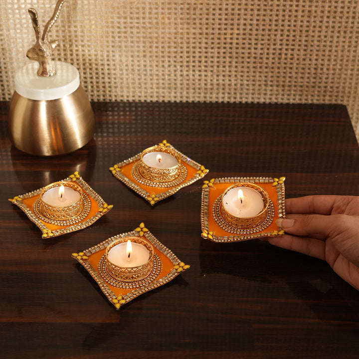 Traditional T-Light Candle Stand | Candle Holder For Diwali Decoration Set of 4 - Yellow