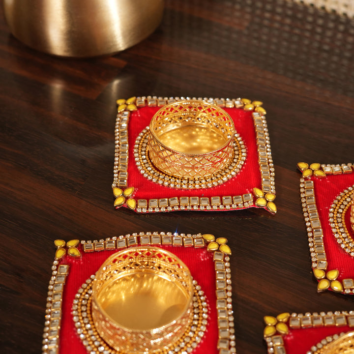 Traditional T-Light Candle Stand | Candle Holder For Diwali Decoration Set of 4 - Red