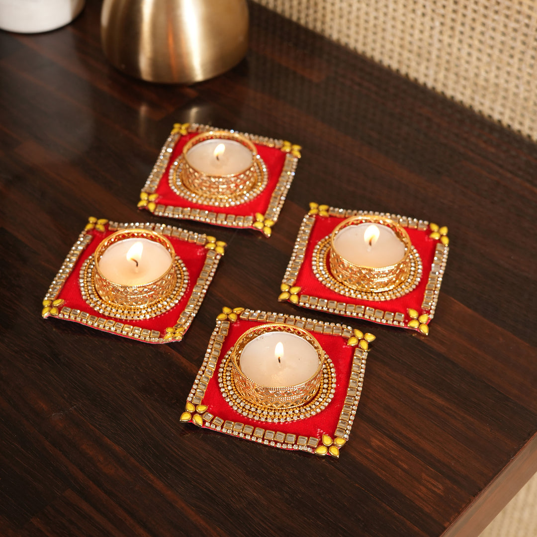 Traditional T-Light Candle Stand | Candle Holder For Diwali Decoration Set of 4 - Red