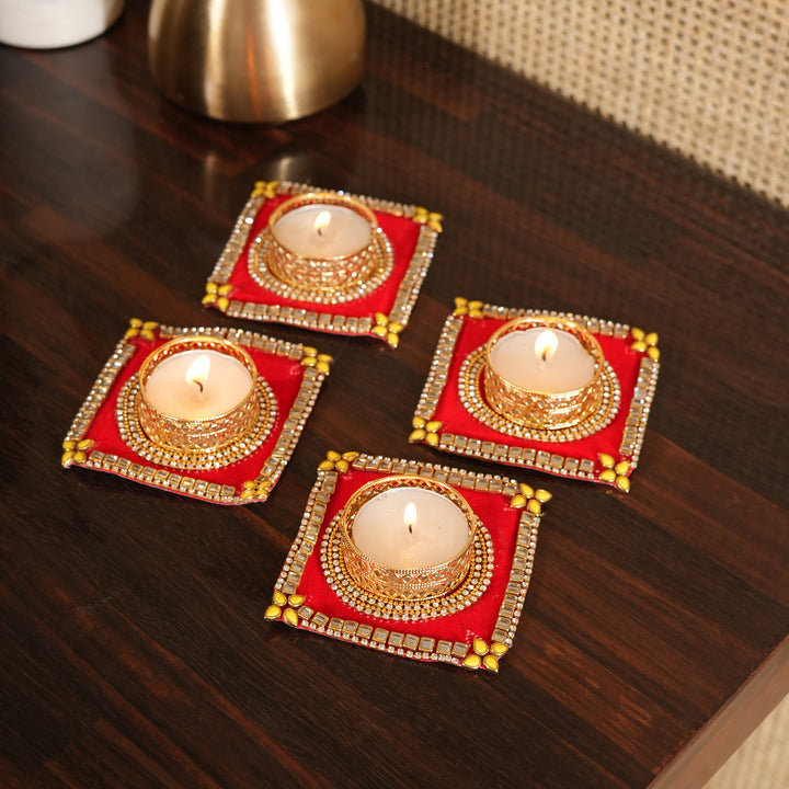 Traditional T-Light Candle Stand | Candle Holder For Diwali Decoration Set of 4 - Red