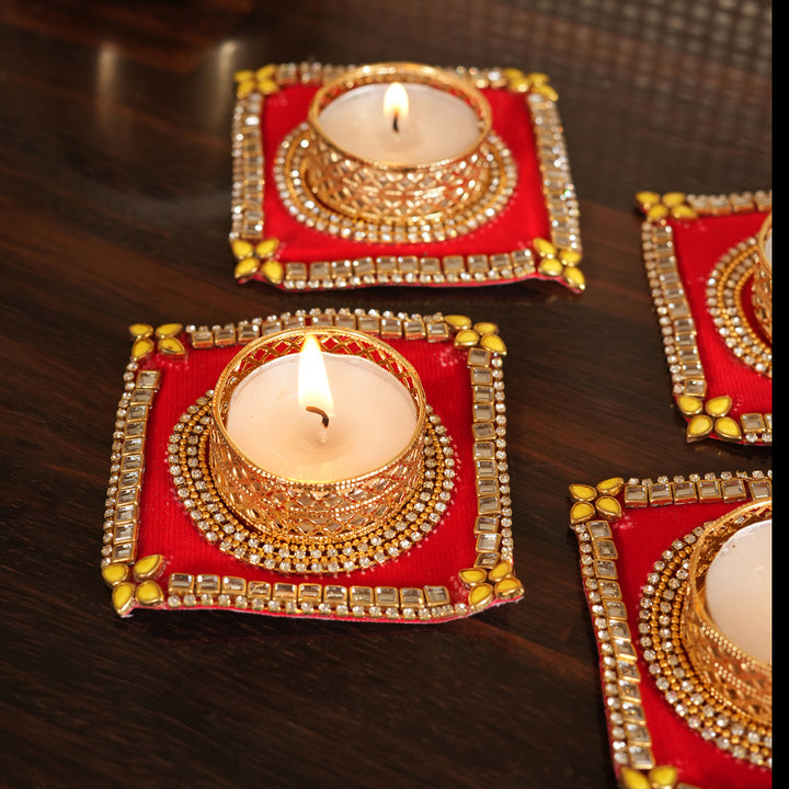 Traditional T-Light Candle Stand | Candle Holder For Diwali Decoration Set of 4 - Red