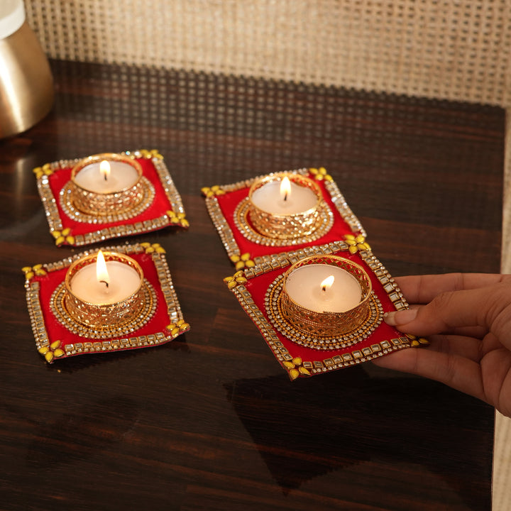 Traditional T-Light Candle Stand | Candle Holder For Diwali Decoration Set of 4 - Red
