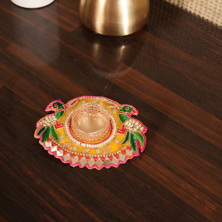 Parrot Design & Mirror Work T-Light Candle Stand | Candle Holder For Diwali Decoration