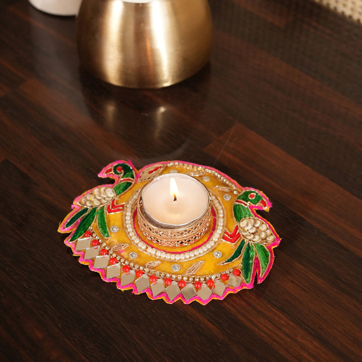 Parrot Design & Mirror Work T-Light Candle Stand | Candle Holder For Diwali Decoration