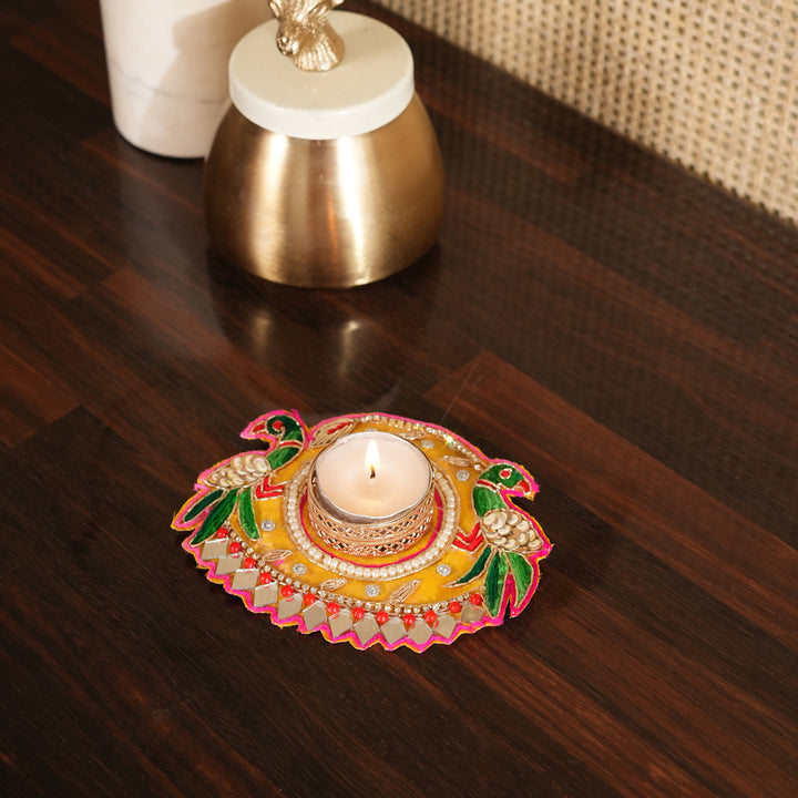 Parrot Design & Mirror Work T-Light Candle Stand | Candle Holder For Diwali Decoration
