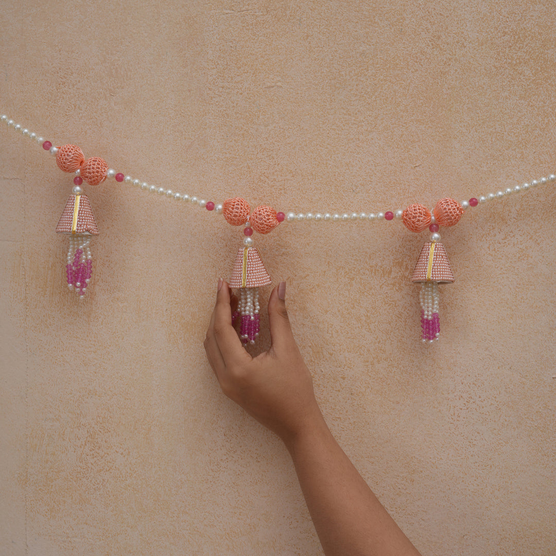 White-Beaded Bandhanwar with Tassel- Diwali Decoration Toran