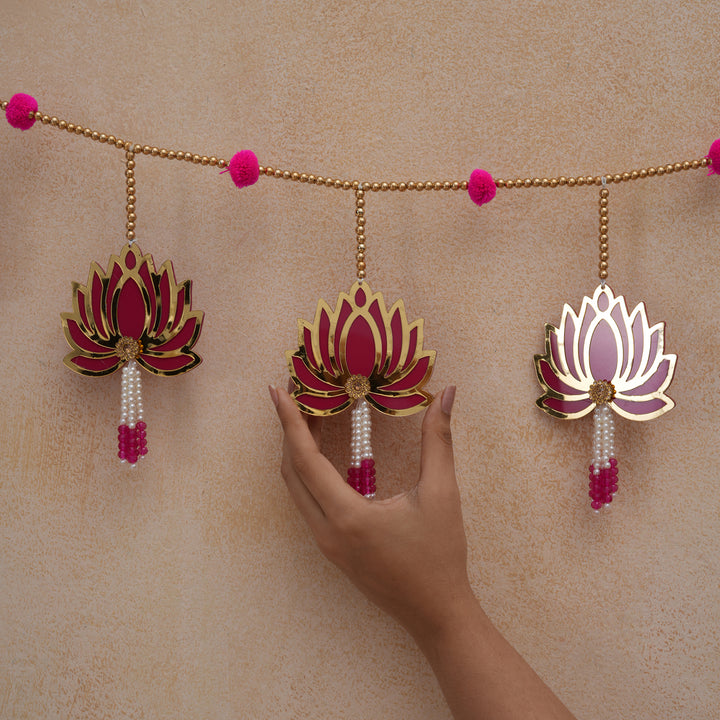 Pink-Modern Lotus Bead String Door Hanging for Diwali Decoration.