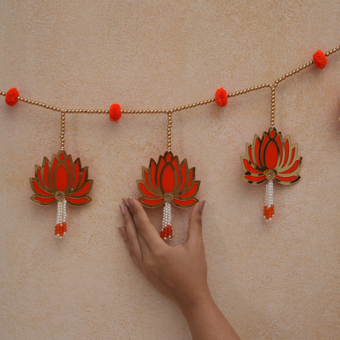 Red-Modern Lotus Bead String Door Hanging for Diwali Decoration.
