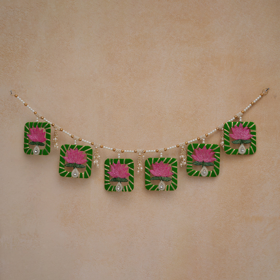 Pink Elegant Pearl & Lotus Bandhanwar for Diwali Decoration.