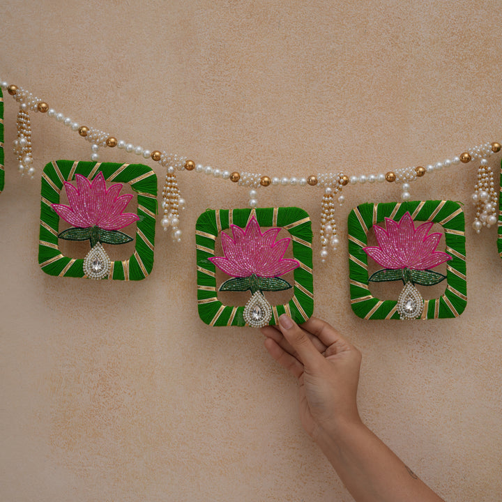 Pink Elegant Pearl & Lotus Bandhanwar for Diwali Decoration.