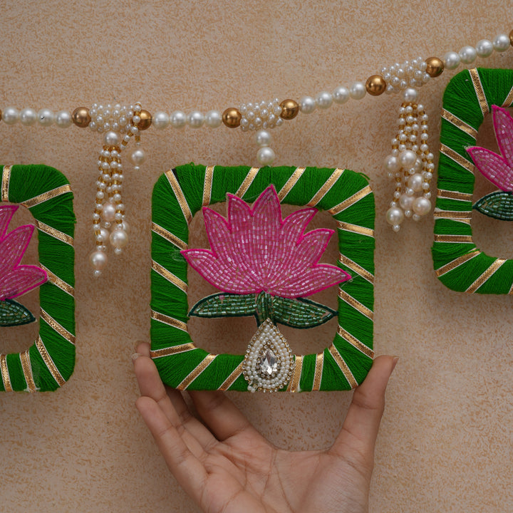 Pink Elegant Pearl & Lotus Bandhanwar for Diwali Decoration.