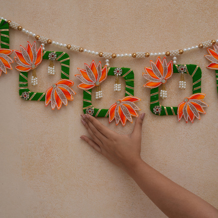 Orange Elegant Pearl & Lotus Bandhanwar for Diwali Decoration.