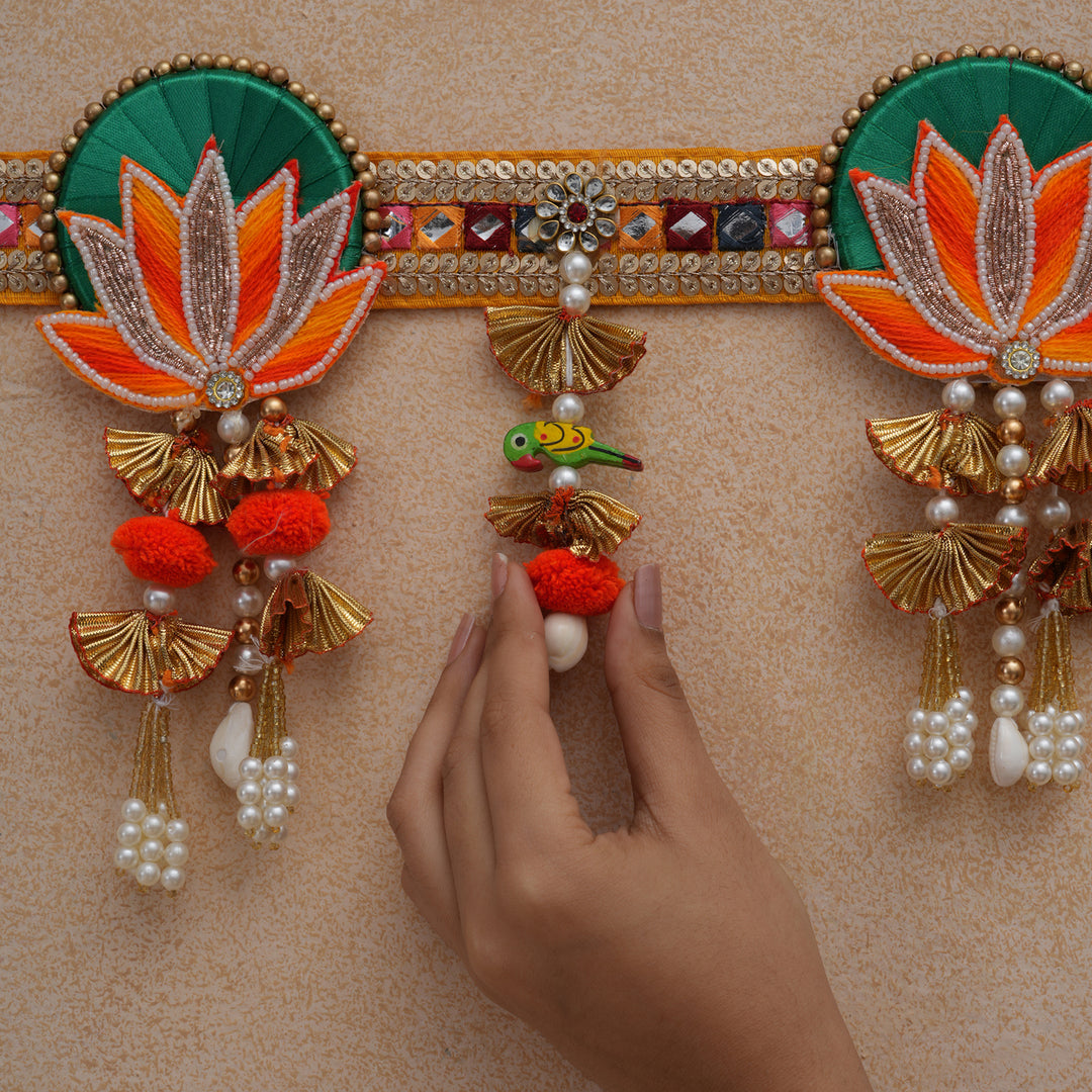 Traditional Lotus Motif Bandhanwar with Hanging Beads For Diwali Decoration